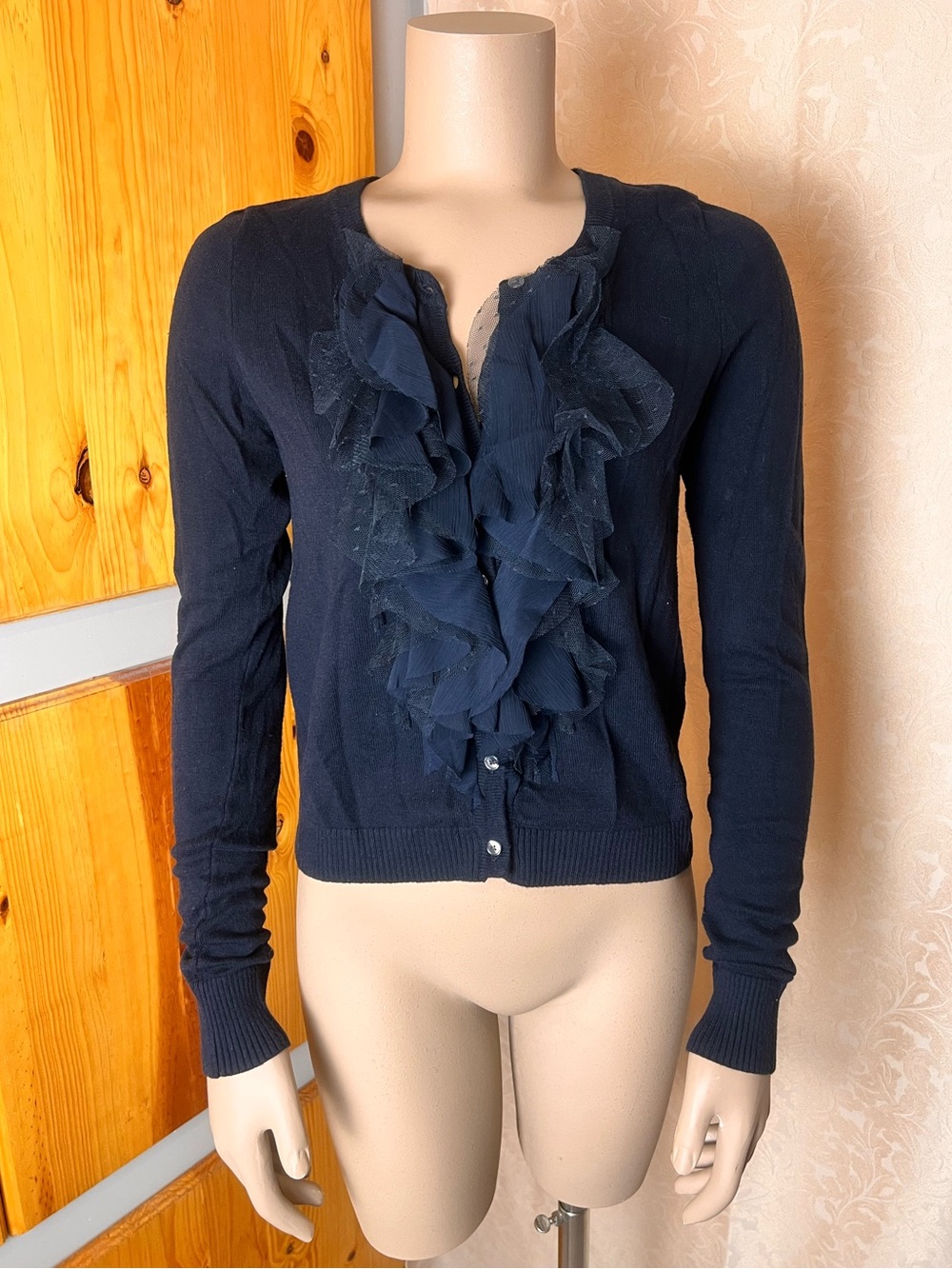 ABERCROMBIE Y2K Navy Blue Knit Crew Neck Cardigan with Ruffles - Sz M